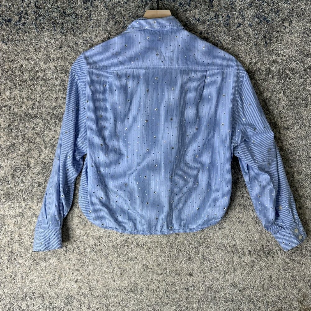 Sandro Shirt Womens Small Blue Striped Sequin Embellished High Low Button Blouse - Picture 6 of 6
